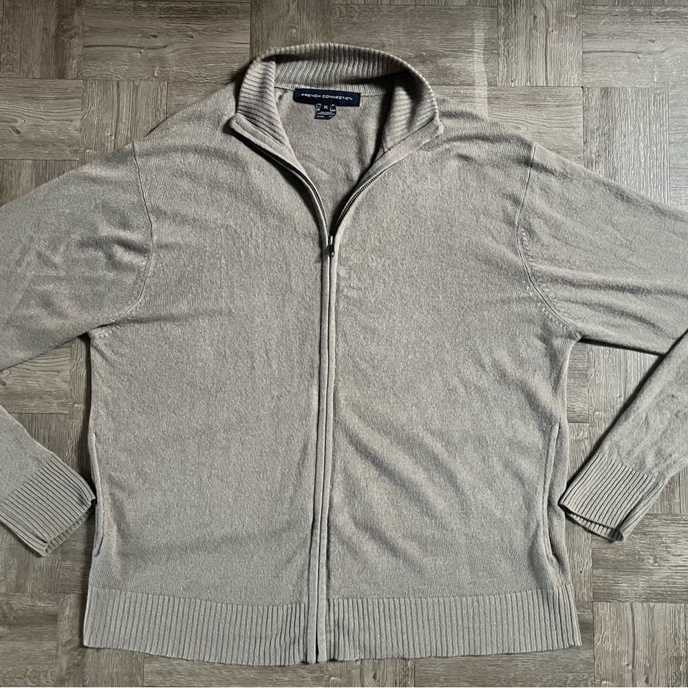 French Connection Sweater Men’s Size XL Grey Full Zip Up Long Sleeve Stretch VTG